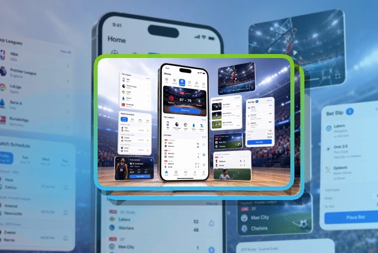 海报式引导 · 赛事App入口 · 直播比分随时查看界面展示